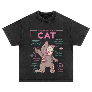 貓的解析趣味卡通直噴印花重磅vintage水洗做舊長短袖T恤衛衣美式