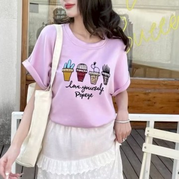 La Belleza韓版太空棉圓領仙人掌造型水鑽印花袖反折落肩寬鬆舒適T恤