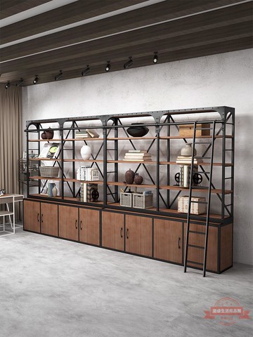 定制loft工業風鐵藝實木書柜置物架落地書架美式復古客廳儲物柜子