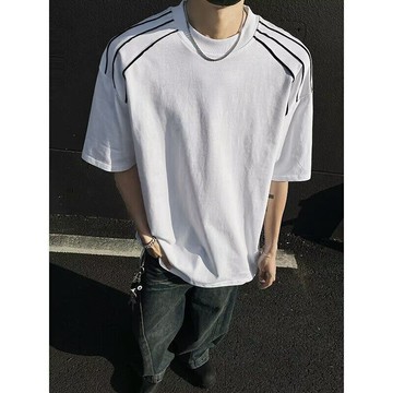 解構拼接短袖t恤男 夏季新款美式高街青少年寬鬆休閒短袖體恤男