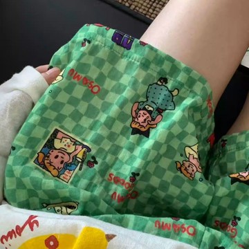 🚚臺灣出🚚綠色格子卡通女孩睡褲女休閒夏季薄款可愛風可外穿遛彎家居褲短褲