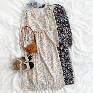 『現貨馬上出+』RENA法式複古V領小碎花溫柔風一片式綁帶收腰泡泡袖長款連衣裙【R19353】