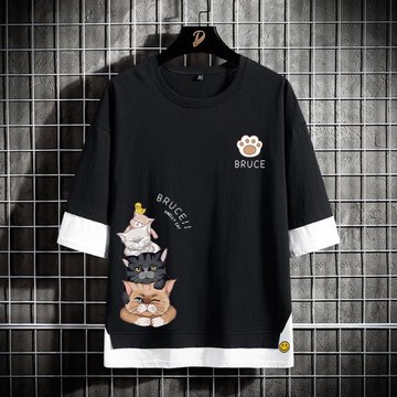 港風oversize拼接五分袖男潮牌小眾假兩件t恤男寬松半袖純棉上衣