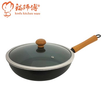 [春佰億]鍋師傅 不沾超硬平底炒鍋 30cm附玻璃蓋(航鈦合金不沾鍋 台灣製造)