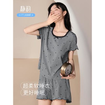 (免運)靜韻【涼感型】波點睡衣女款夏季花邊甜美家居服帶胸墊套裝可外穿