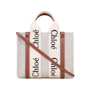 Chloe 小款皮革飾邊絲帶棉質 Woody 包/附有肩帶 棕色