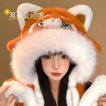 可愛小浣熊毛絨帽子 圍巾一體 女冬季 加厚加絨 保暖防寒 護耳雷鋒帽子 超可愛帽子