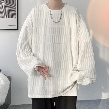 白色衛衣男高級感條紋提花打底衫春秋休閑寬松設計感小眾痞帥上衣