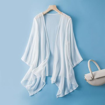 真絲薄款小外套開衫短款空調衫外披坎肩 外搭防曬披肩度假桑蠶絲