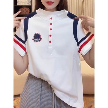 純棉半開領撞色條紋短袖T恤女2026夏季新款寬松韓版小眾休閑上衣