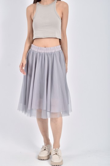 (M) 質感網紗鬆緊腰灰色長裙