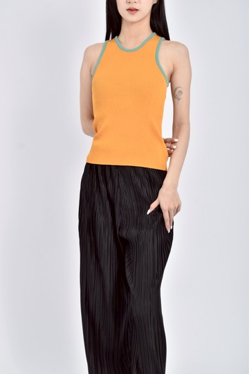 (S) maden ost質感針織無袖綠邊橘色上衣