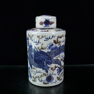 古玩收藏 茶葉罐 青花釉里紅游龍罐 儲茶罐家用陶瓷普洱罐 茶道