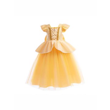 cosplay 演出美女與野獸貝兒公主裙 中小女童禮服網紗蓬蓬裙