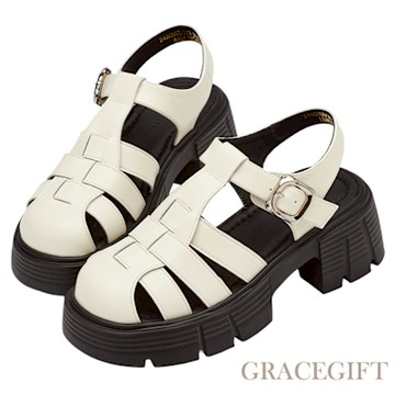 【Grace Gift】羅馬假期圓頭厚底編織涼鞋 米白