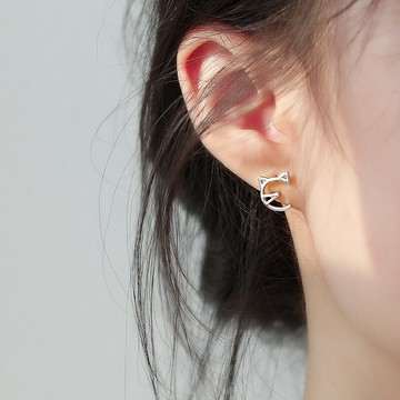 925純銀小耳垂適合的小貓耳釘女可愛日系少女超萌簡約小巧貓耳飾