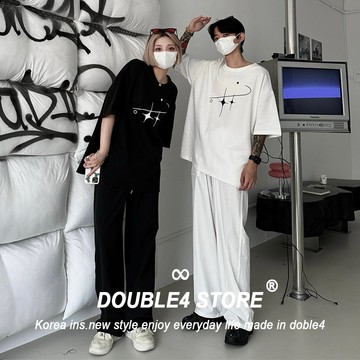 【DOUBLE4】韓國 寬鬆感 五分袖 星芒線條感 落肩 大版 短袖男 男女 韓系 休閒 韓國男裝 36469