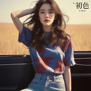 初色 韓版通勤風純色印花圓領短袖五分袖T恤上衣女上衣-藍色-35839(M-2XL可選)