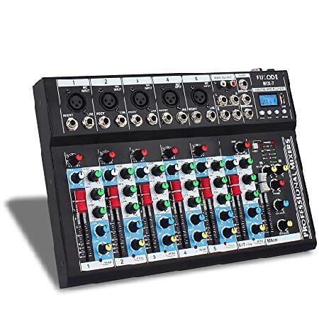 FULODE 7-Channel audio mixer, Bluetooth Portable Sound board w USB DJ Mixer MP3 Jack 48V Power for Computer Recording, Sound Mixing Console For Studio