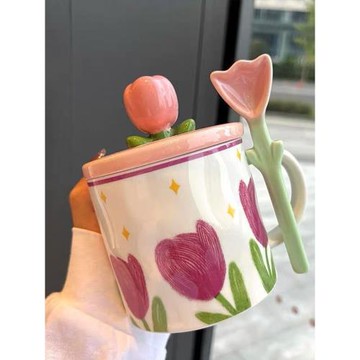 伴手禮實用小禮品郁金香桃桃杯子陶瓷馬克杯女辦公室花朵水杯帶蓋