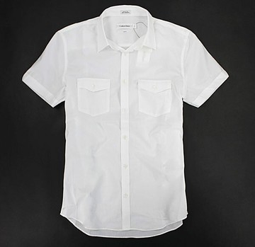 美國百分百【全新真品】Calvin Klein CK 夏天 花紋 印花 短袖 襯衫 上衣 雙口袋 白色 S M 窄版