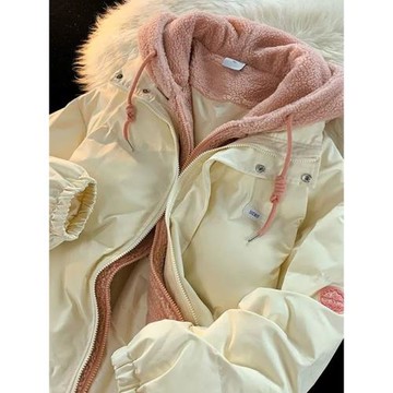 粉紅色假兩件羊羔毛連帽羽絨服女立領加厚學生棉襖子初中生外套潮