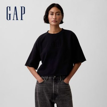【GAP】法式毛圈布寬鬆捲邊短版運動衫-黑色(897963)