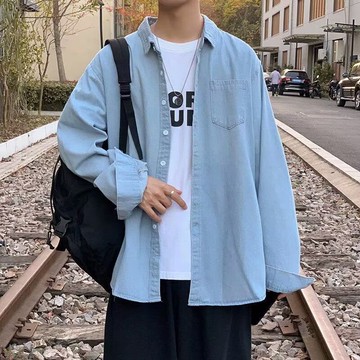 日系潮流文藝風藍色外穿襯衫男長袖痞帥百搭襯衫外套男