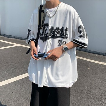 小外套印花短袖T恤男女夏季ins港風復古棒球服襯衫寬鬆五分短袖體恤