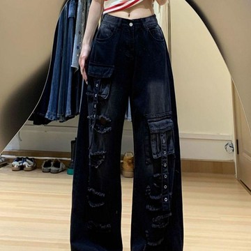 本土出貨  微胖定製美式vibe破洞工裝牛仔褲女秋夏季設計感多口袋闊腿拖地褲@1@1 R