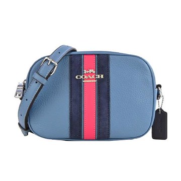 COACH 立體馬車LOGO 撞色直紋荔枝紋皮革相機包(迷你/靛藍)