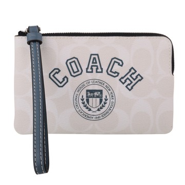 COACH 藍標字COACH 防刮皮革單層手拿包(白x藍帶)
