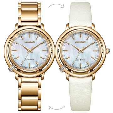 CITIZEN L系列光動能白蝶貝真鑽套錶/玫瑰金/31.2mm/EM1093-61D