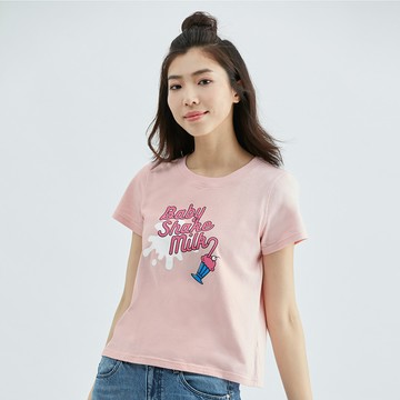 寶貝奶昔美式印花純棉T恤(粉紅)-女