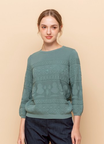 森霧翠濃織紋七分袖針織衫