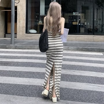 ᴅᴏɴᴛ sʟᴇᴇᴘ🧚🏻‍♀️現貨 帶胸墊🏷 歐美大牌性感鏤空後開衩長版包臀洋 莫代爾棉 美背洋裝渡假長洋 條紋洋裝