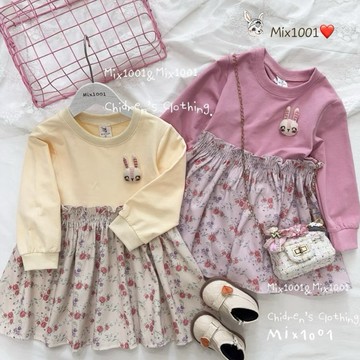 🌈✨mix1001笑咪咪兔兔🐰拼接碎花洋裝✨兒童玩偶小兔造型碎花洋裝5-17