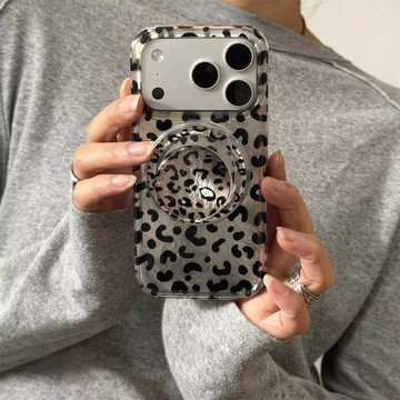 高级少女淡棕豹纹玻璃磁吸支架手机壳适用iphone17promax苹果14软13新款15pro防摔16ProMax保护套