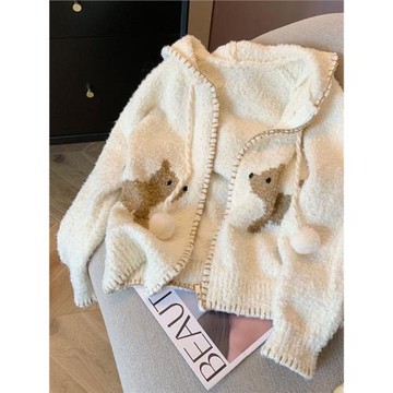 設計感可愛小狗圖案連帽針織外套2025女秋冬軟糯減齡洋氣毛衣開衫