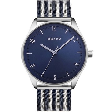 OBAKU 秋日時尚氣質腕錶-銀X條紋藍-V235GXCLMK-38mm