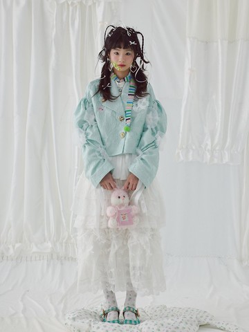 綠色提花客製面料 歐根紗拼接 短款刺繡西裝