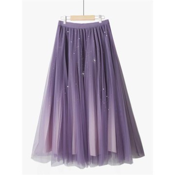 春季漸變色百褶閃亮片蕾絲大裙擺中長款復古洋氣時尚網紗半身裙子