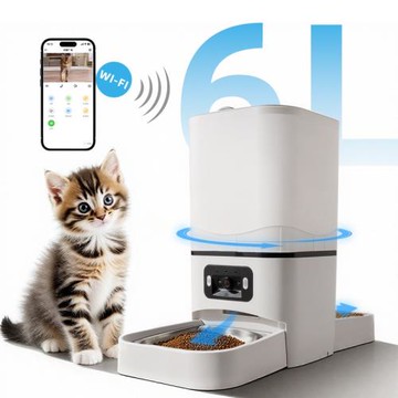 亞馬遜新款自動喂食器雙攝視頻貓咪智能寵物貓糧狗糧自助投喂機6L
