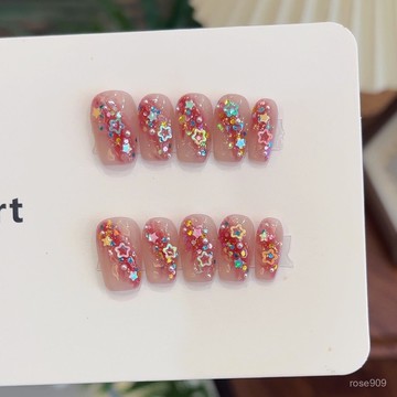 ✨Hannah✨純手工【元氣星星】可愛紅色暈染亮片五角星多巴胺裸色通懃美甲精緻穿戴甲 COJJ