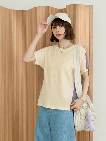 純棉撞色拼接Y字剪裁短袖上衣