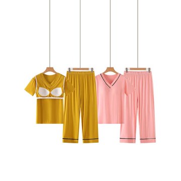 女夏季帶胸墊莫代爾短袖七分褲休閑瑜伽居家休閑兩件套睡衣可外穿