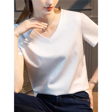 (免運)90支新疆棉不變形絲光棉正肩短袖v領t恤女士白色體恤純色上衣外穿