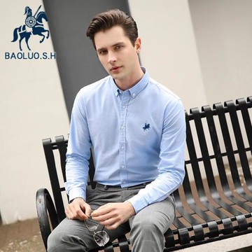 保羅全棉格子男士襯衣春秋款中青年休閑爸爸裝男長袖條紋純棉襯衫