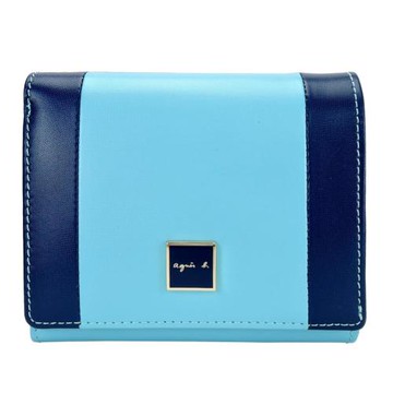 agnes b.方牌logo雙色皮革翻釦短夾(水藍)