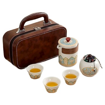 Mass 生活好物 高級感輕便旅行茶具組 茶韻  茶壺 + 茶杯 3個 + 茶罐 + 棕皮包  1套  白色